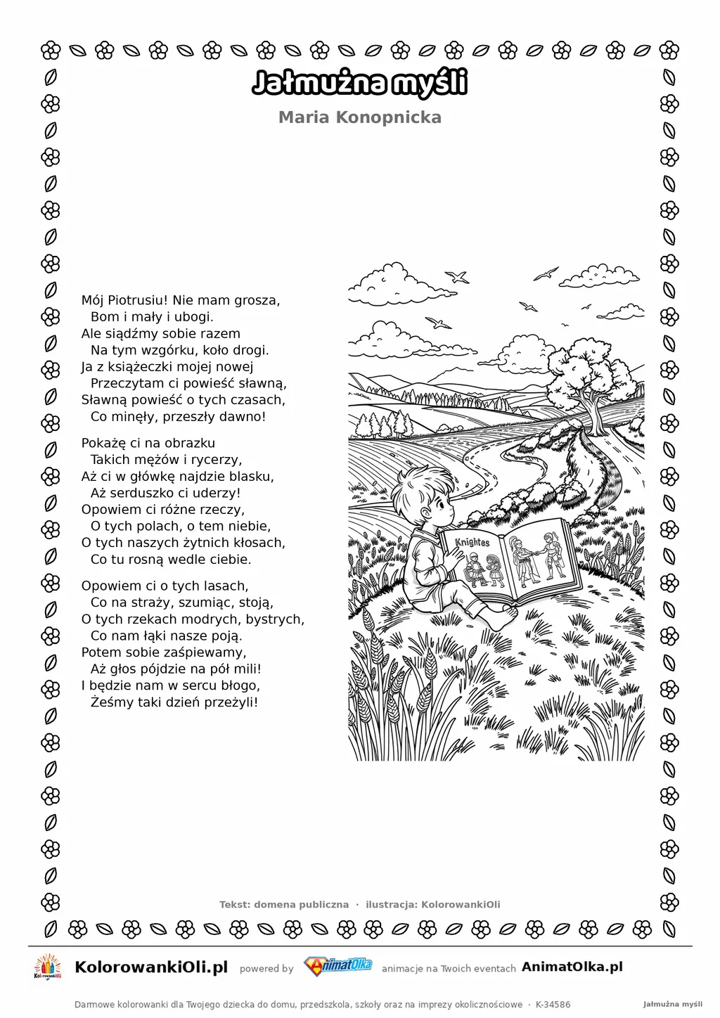 Jałmużna myśli (Maria Konopnicka) — tekst wiersza i ilustracja do kolorowania, karta A4 do druku