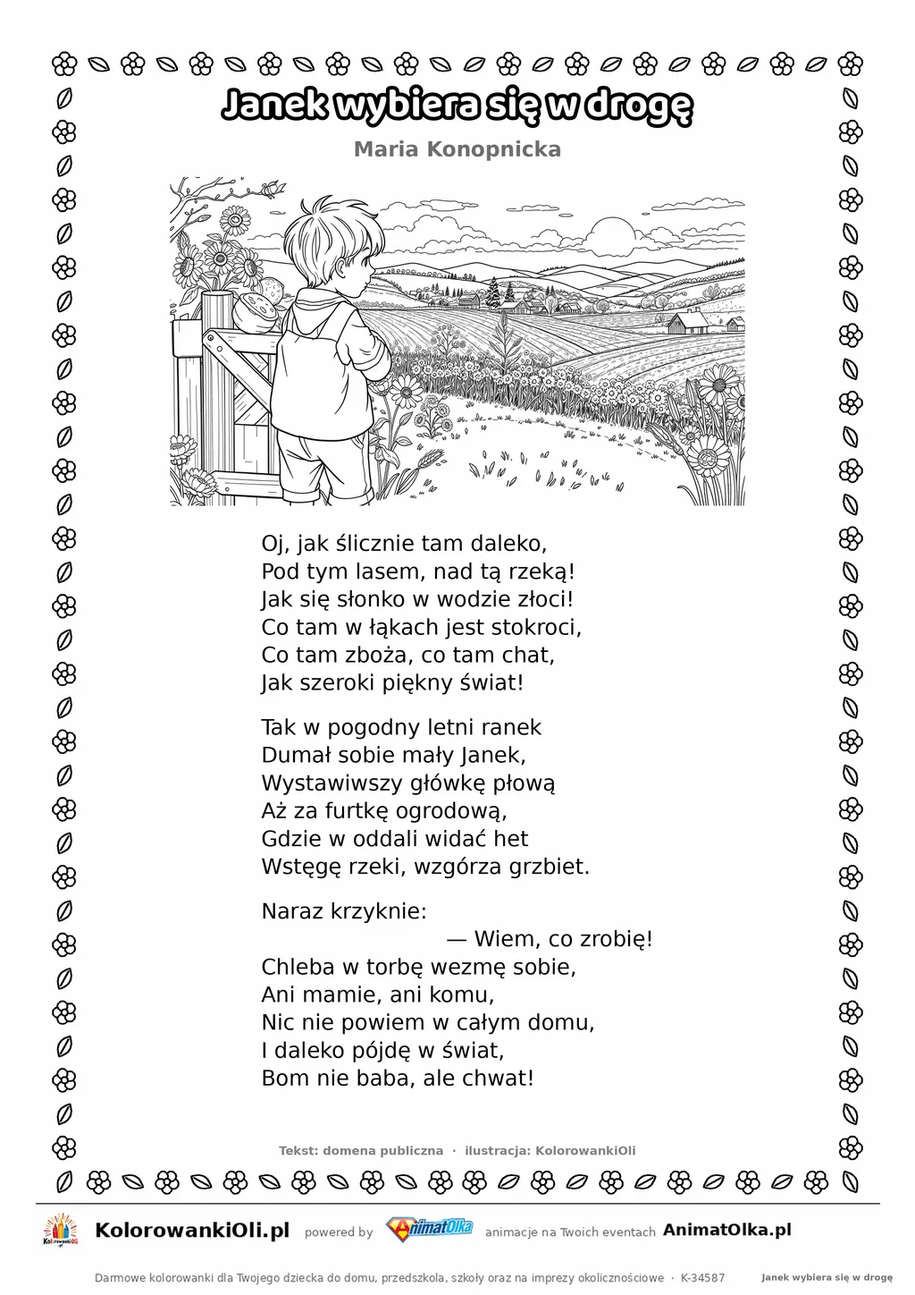 Janek wybiera się w drogę (Maria Konopnicka) — tekst wiersza i ilustracja do kolorowania, karta A4 do druku
