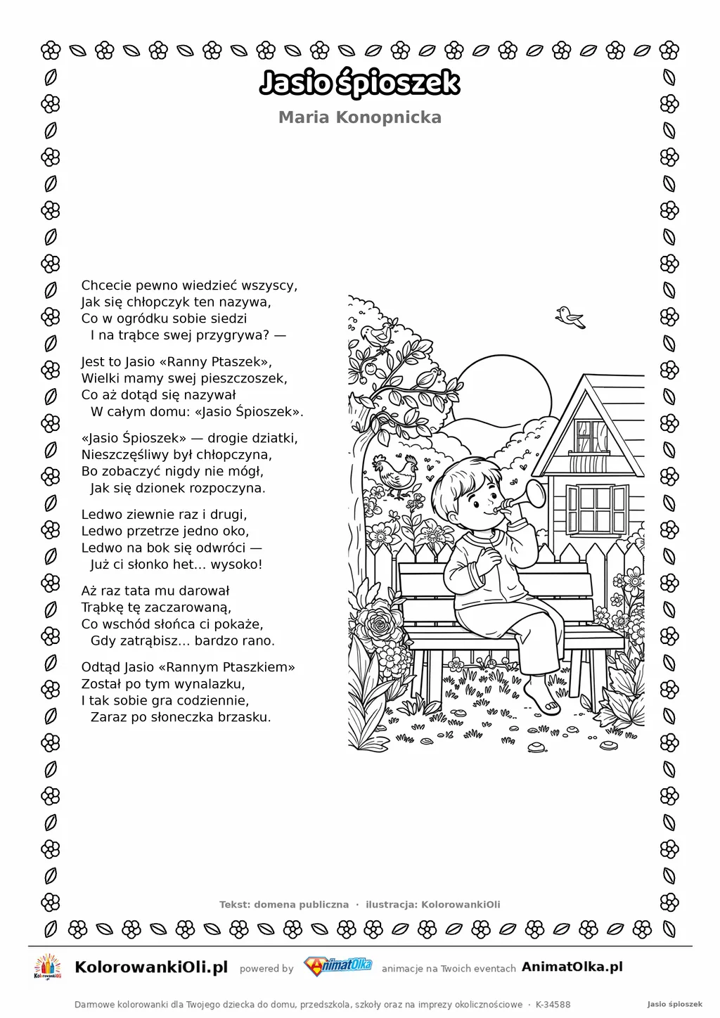 Jasio śpioszek (Maria Konopnicka) — tekst wiersza i ilustracja do kolorowania, karta A4 do druku