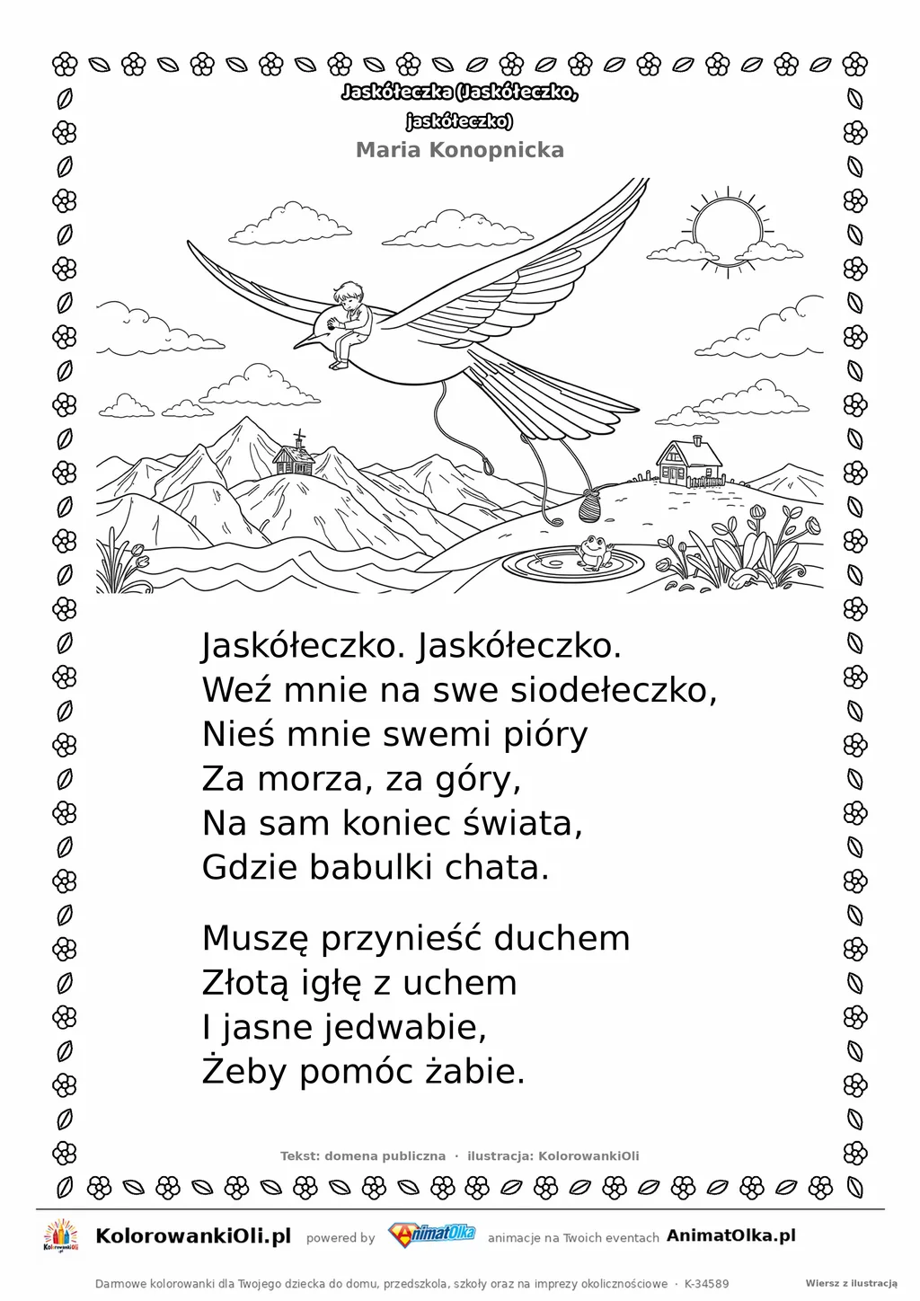 Jaskółeczka (Jaskółeczko, jaskółeczko) (Maria Konopnicka) — tekst wiersza i ilustracja do kolorowania, karta A4 do druku