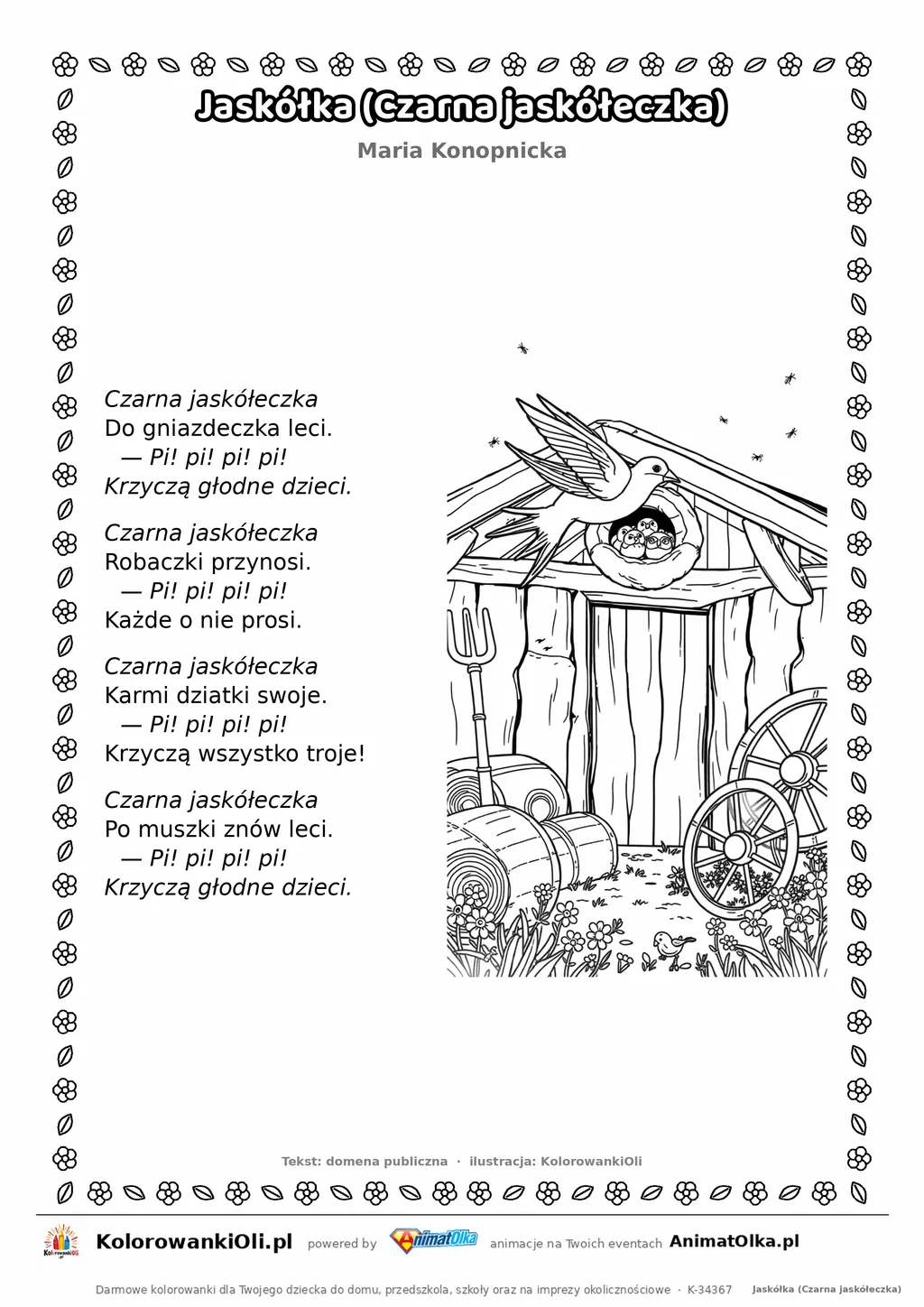 Jaskółka (Czarna jaskółeczka) (Maria Konopnicka) — tekst wiersza i ilustracja do kolorowania, karta A4 do druku