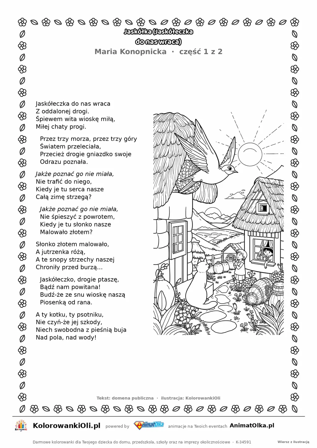 Jaskółka (Jaskółeczka do nas wraca) (Maria Konopnicka) — tekst wiersza i ilustracja do kolorowania (część 1 z 2), karta A4 do druku
