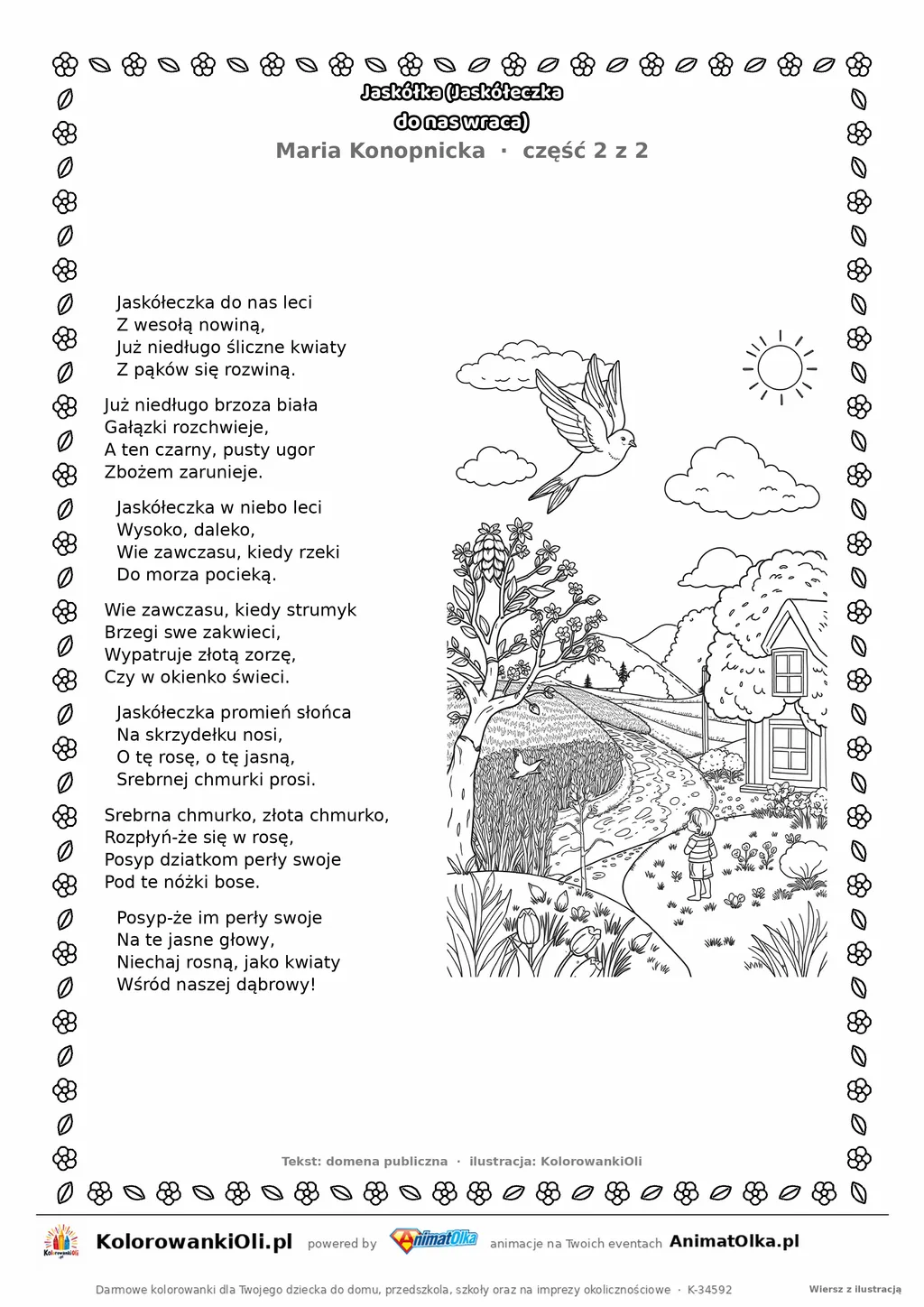 Jaskółka (Jaskółeczka do nas wraca) (Maria Konopnicka) — tekst wiersza i ilustracja do kolorowania (część 2 z 2), karta A4 do druku