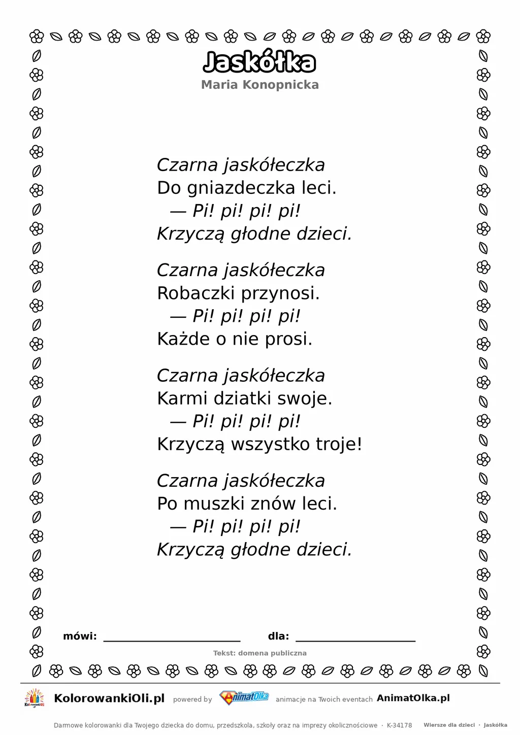 Jaskółka (Maria Konopnicka) — tekst wiersza do druku A4 z ramką do pokolorowania