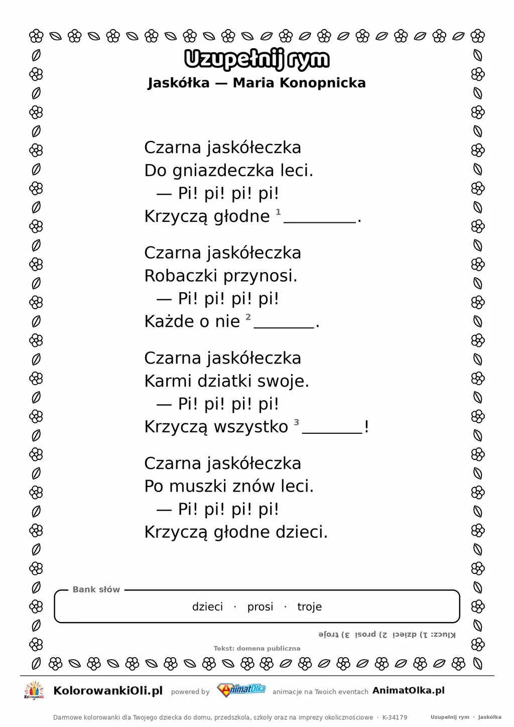 Uzupełnij rym — Jaskółka (Maria Konopnicka): karta pracy z lukami w rymach, A4