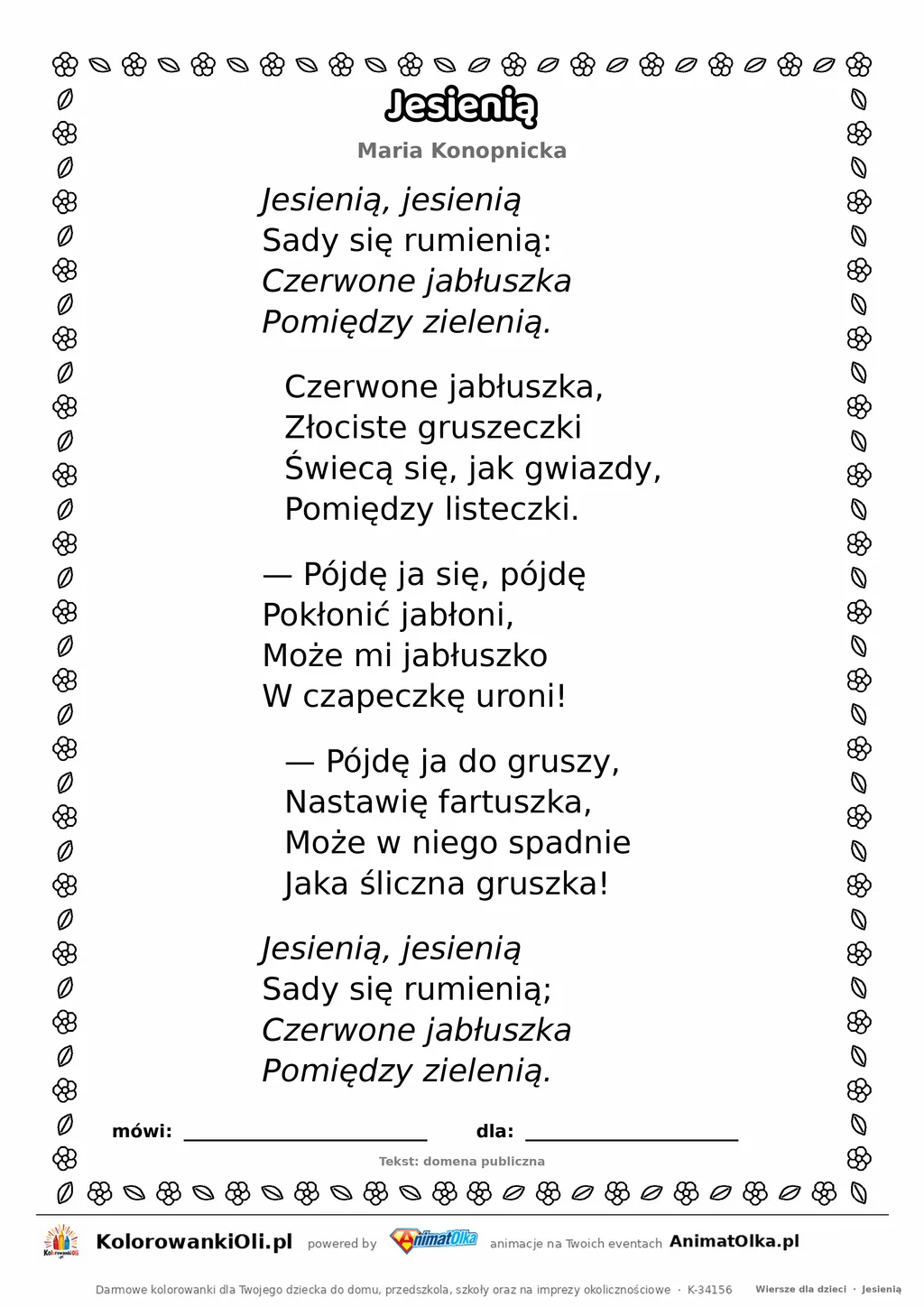 Jesienią (Maria Konopnicka) — tekst wiersza do druku A4 z ramką do pokolorowania