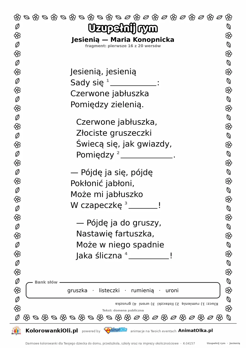 Uzupełnij rym — Jesienią (Maria Konopnicka): karta pracy z lukami w rymach, A4