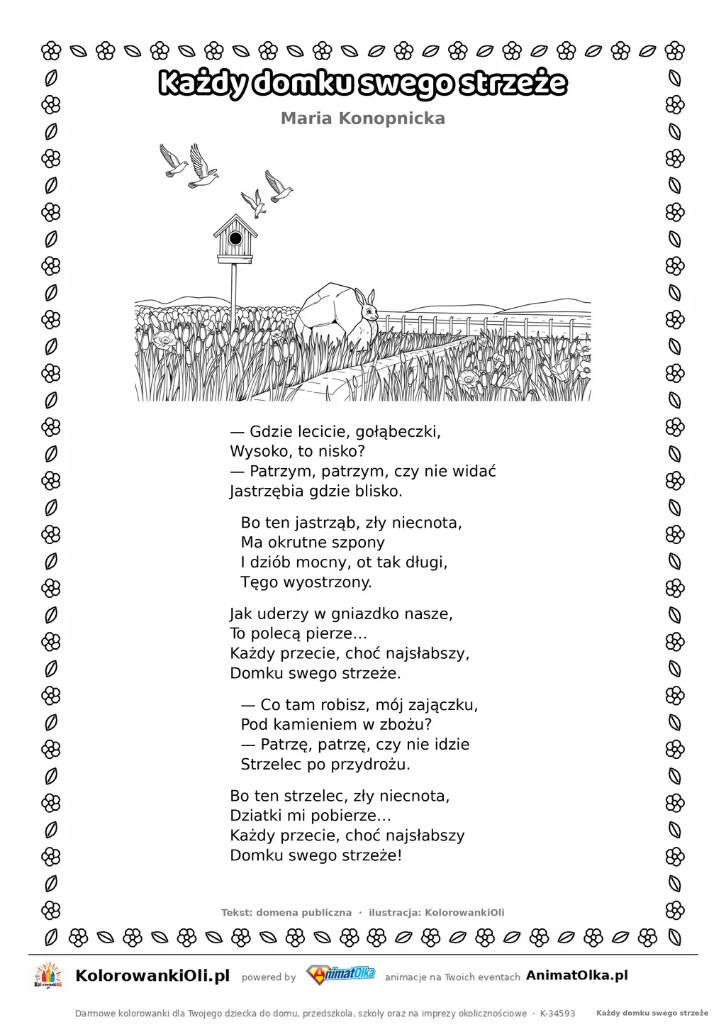 Każdy domku swego strzeże (Maria Konopnicka) — tekst wiersza i ilustracja do kolorowania, karta A4 do druku