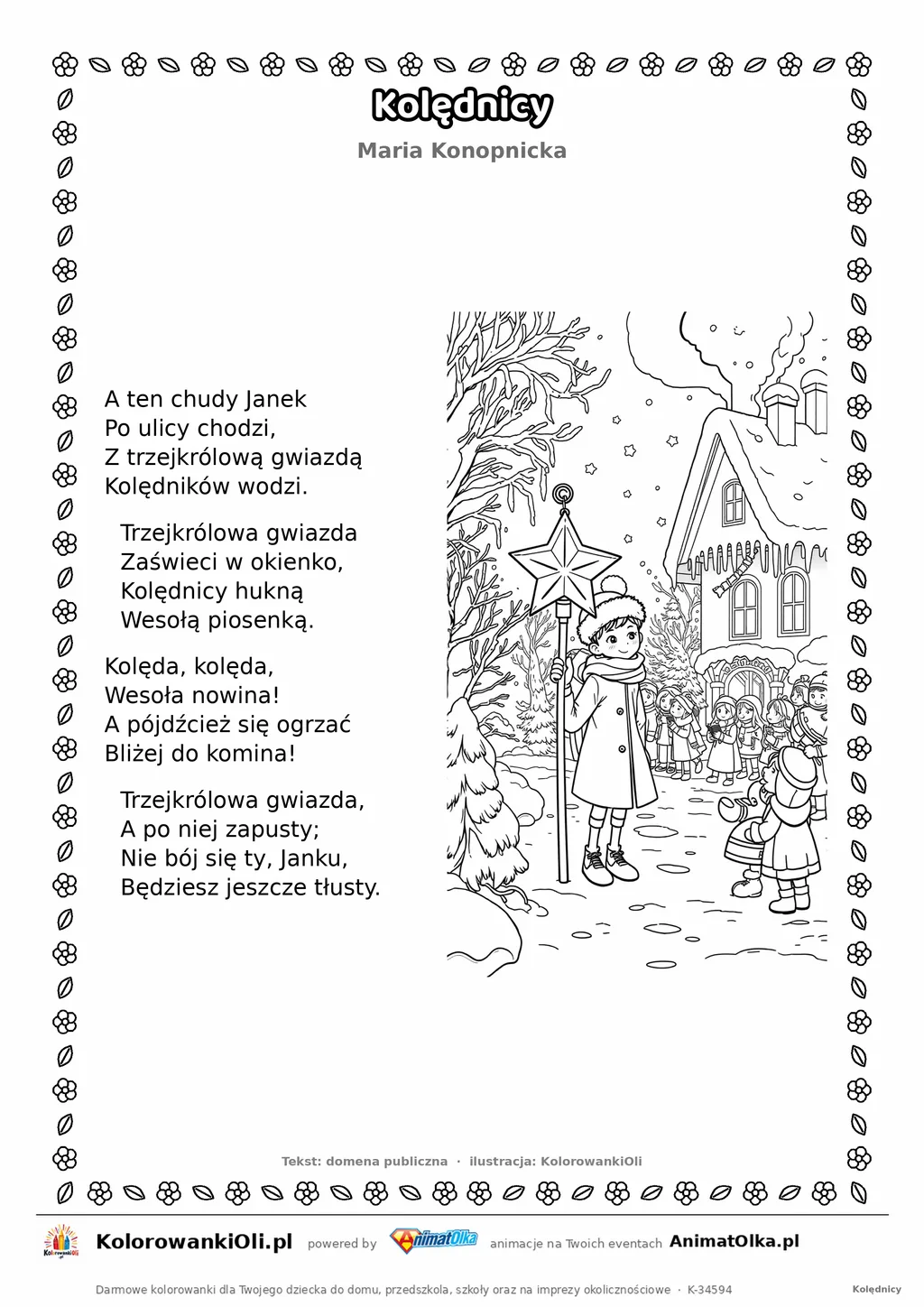 Kolędnicy (Maria Konopnicka) — tekst wiersza i ilustracja do kolorowania, karta A4 do druku
