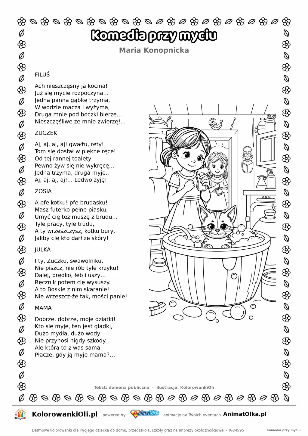 Komedia przy myciu (Maria Konopnicka) — tekst wiersza i ilustracja do kolorowania, karta A4 do druku