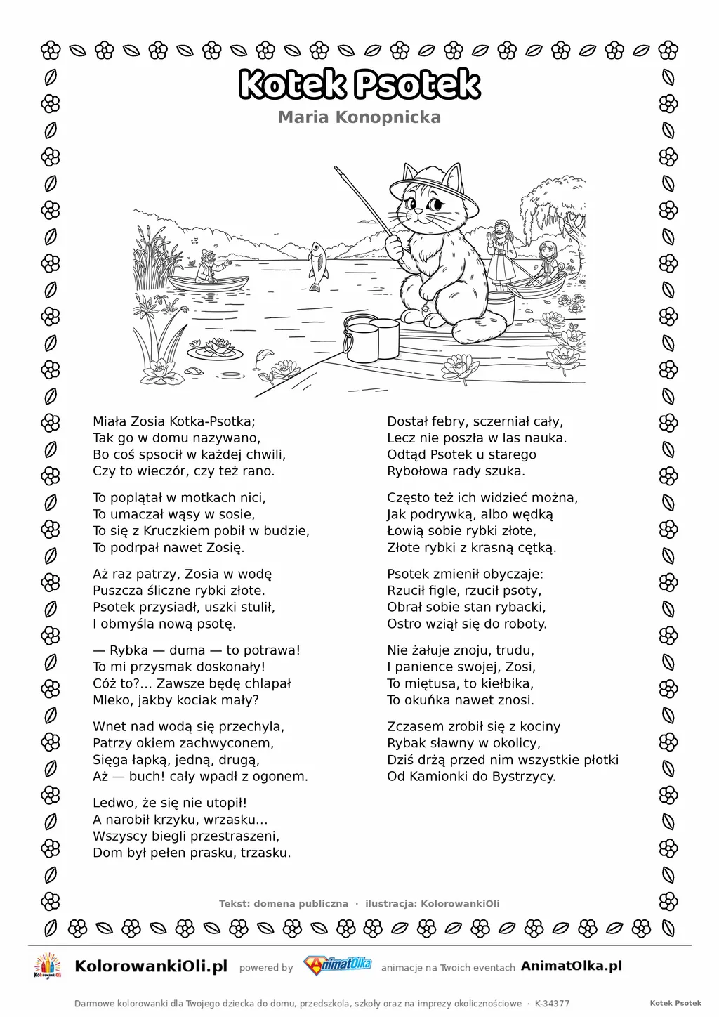 Kotek Psotek (Maria Konopnicka) — tekst wiersza i ilustracja do kolorowania, karta A4 do druku