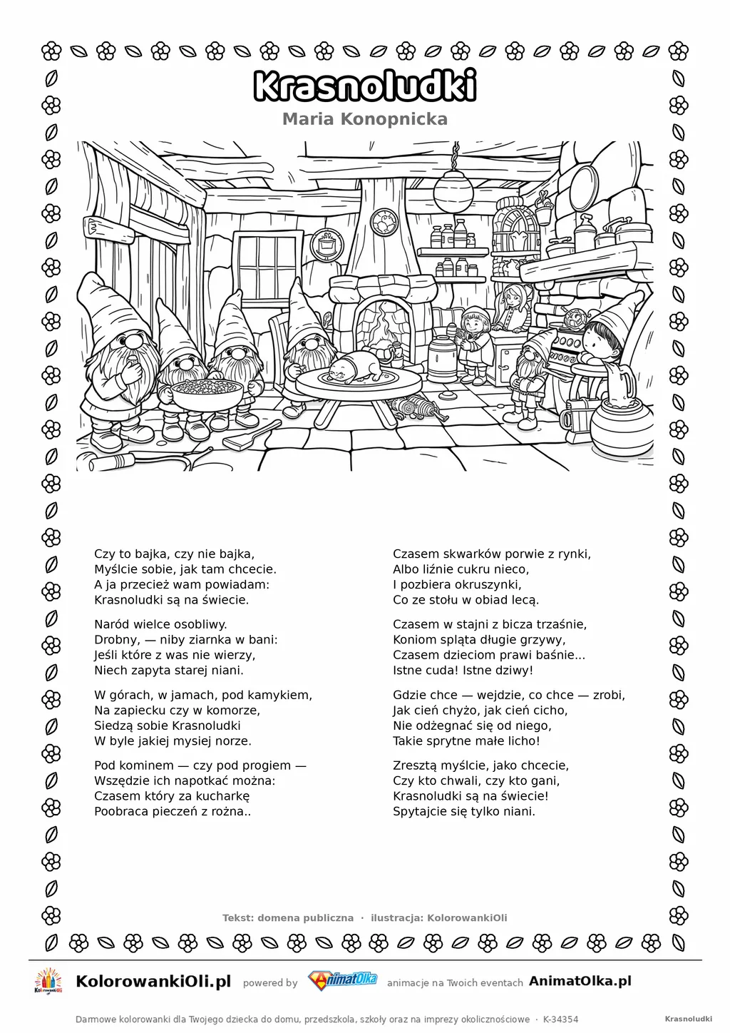 Krasnoludki (Maria Konopnicka) — tekst wiersza i ilustracja do kolorowania, karta A4 do druku