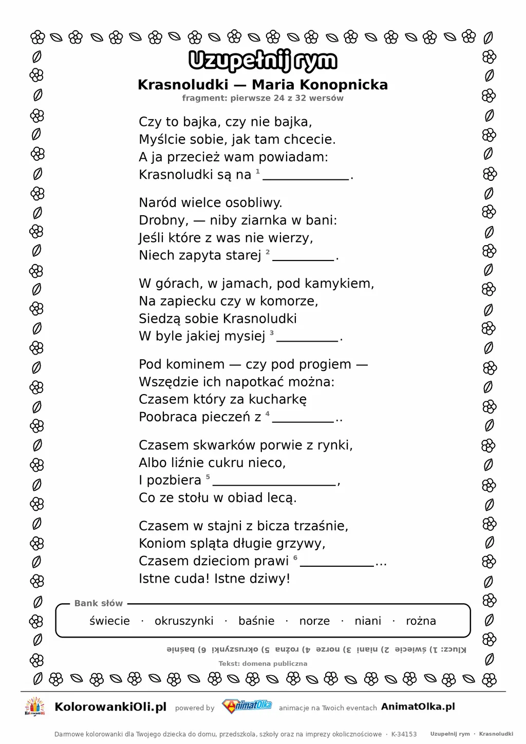 Uzupełnij rym — Krasnoludki (Maria Konopnicka): karta pracy z lukami w rymach, A4