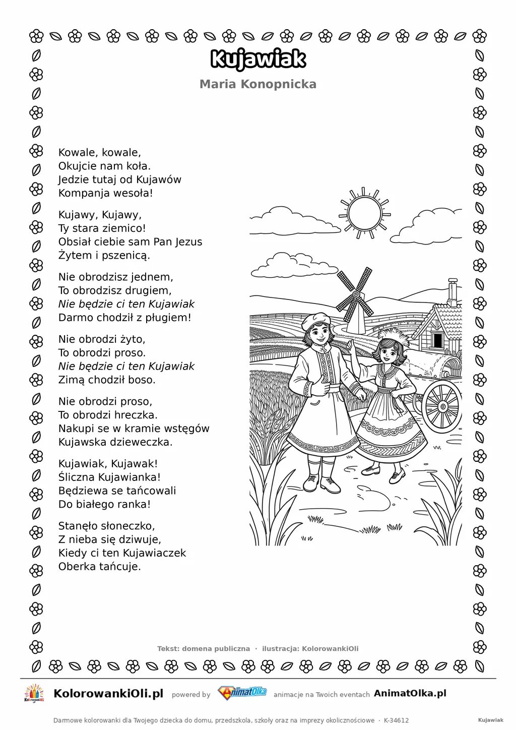 Kujawiak (Maria Konopnicka) — tekst wiersza i ilustracja do kolorowania, karta A4 do druku