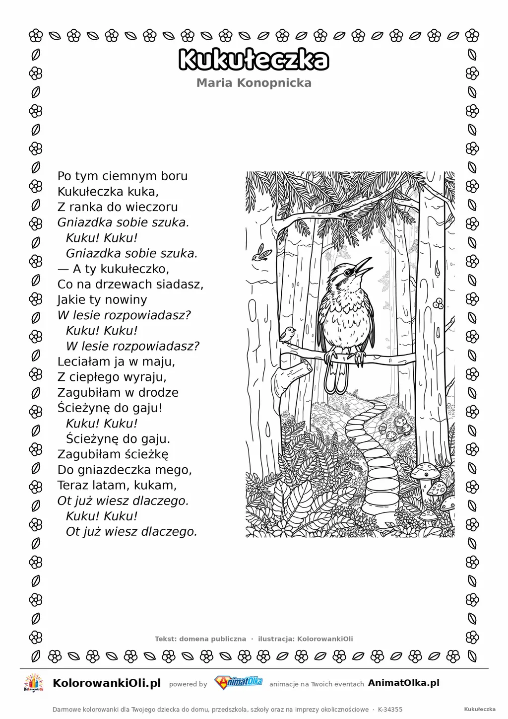 Kukułeczka (Maria Konopnicka) — tekst wiersza i ilustracja do kolorowania, karta A4 do druku