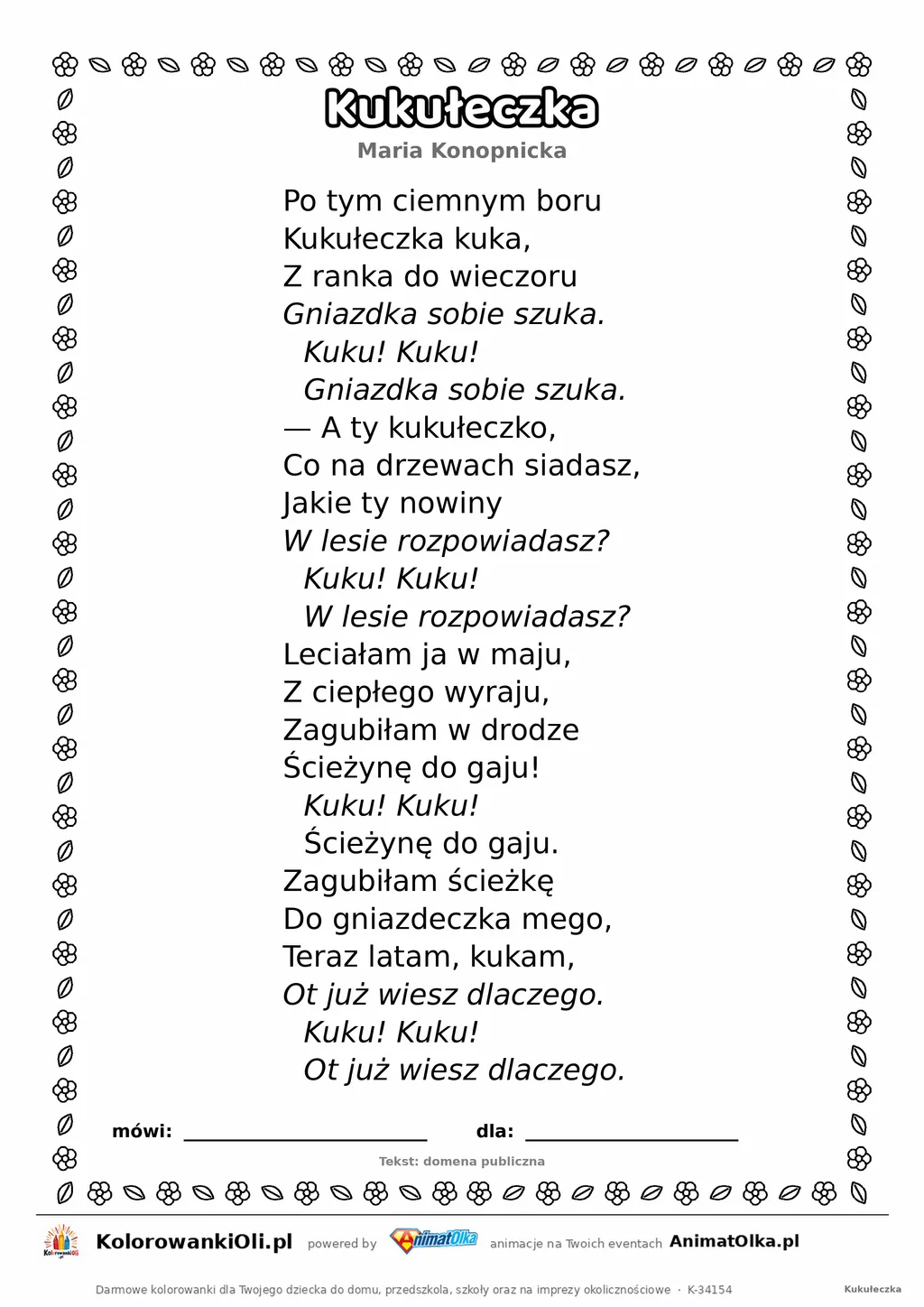 Kukułeczka (Maria Konopnicka) — tekst wiersza do druku A4 z ramką do pokolorowania