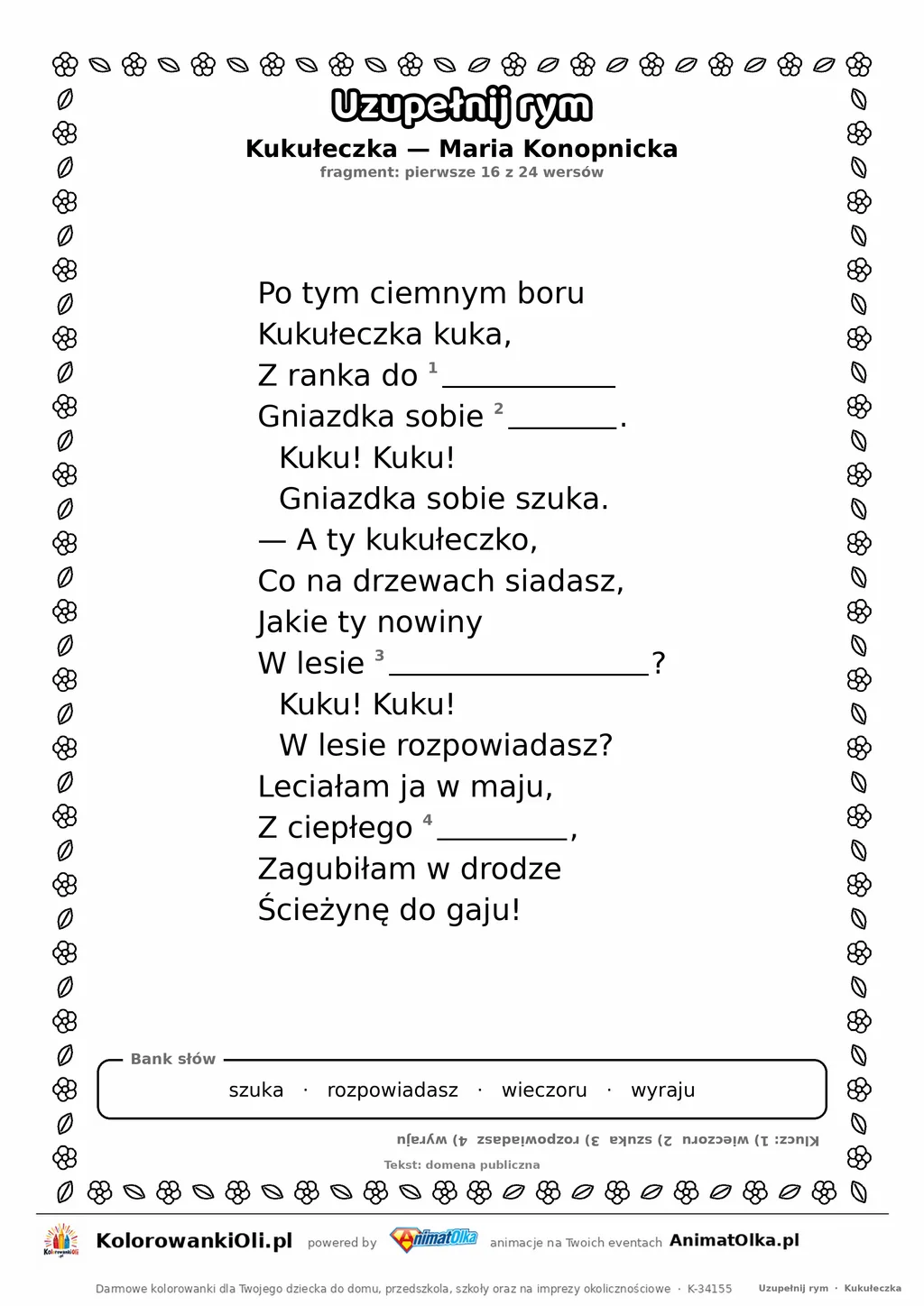 Uzupełnij rym — Kukułeczka (Maria Konopnicka): karta pracy z lukami w rymach, A4