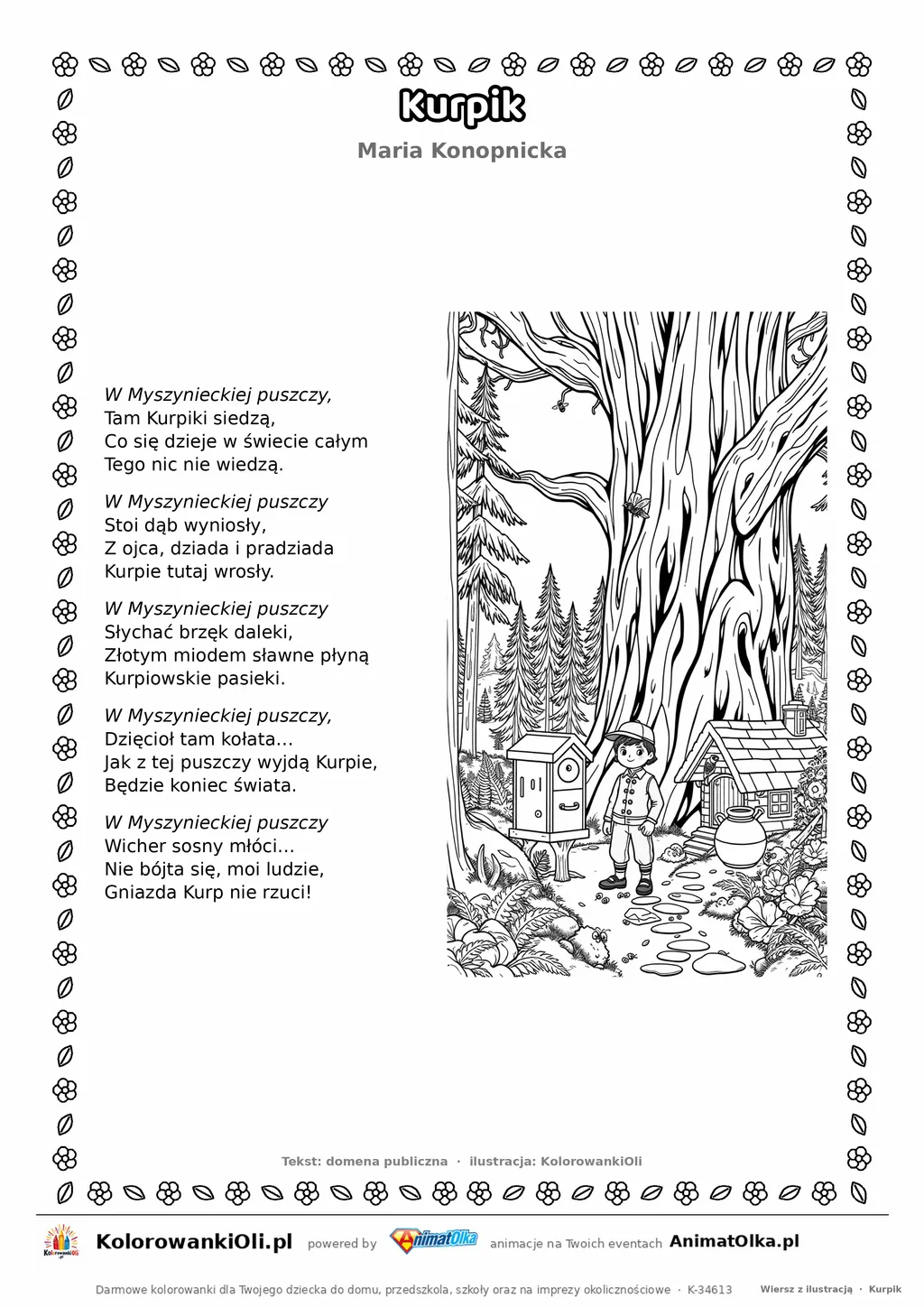 Kurpik (Maria Konopnicka) — tekst wiersza i ilustracja do kolorowania, karta A4 do druku