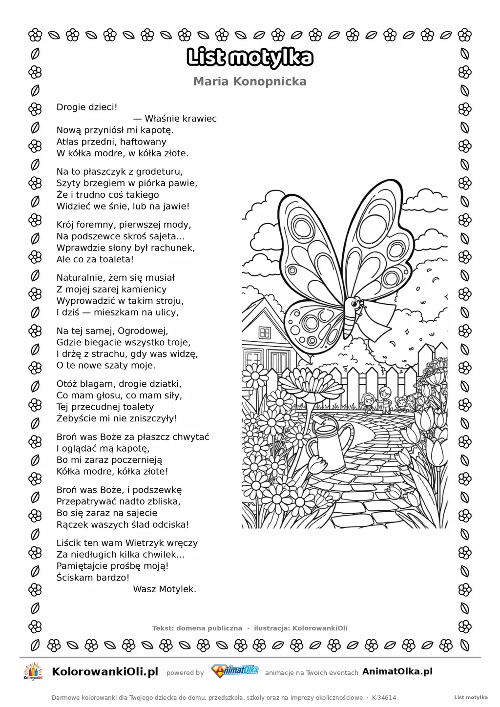 List motylka (Maria Konopnicka) — tekst wiersza i ilustracja do kolorowania, karta A4 do druku
