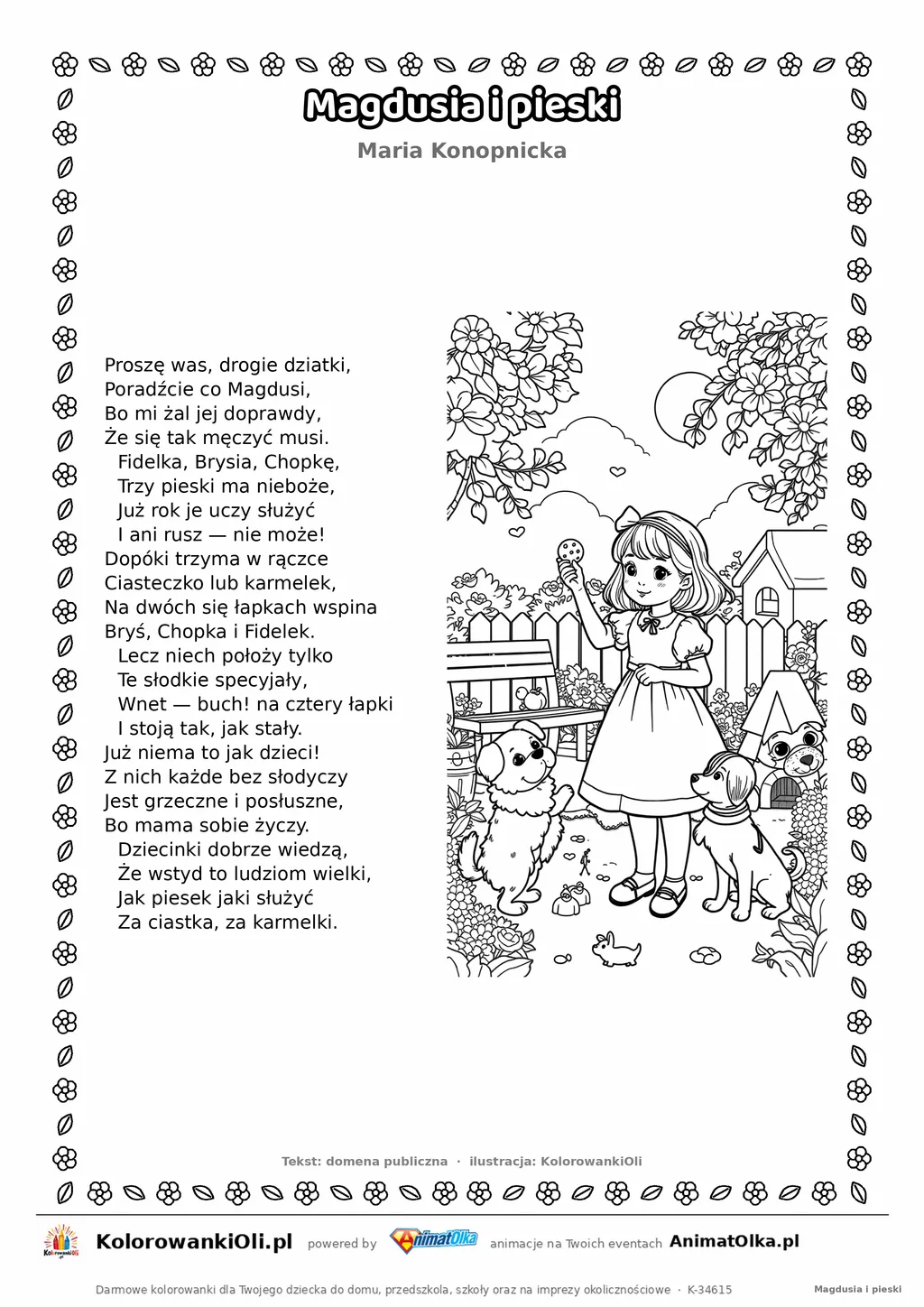 Magdusia i pieski (Maria Konopnicka) — tekst wiersza i ilustracja do kolorowania, karta A4 do druku