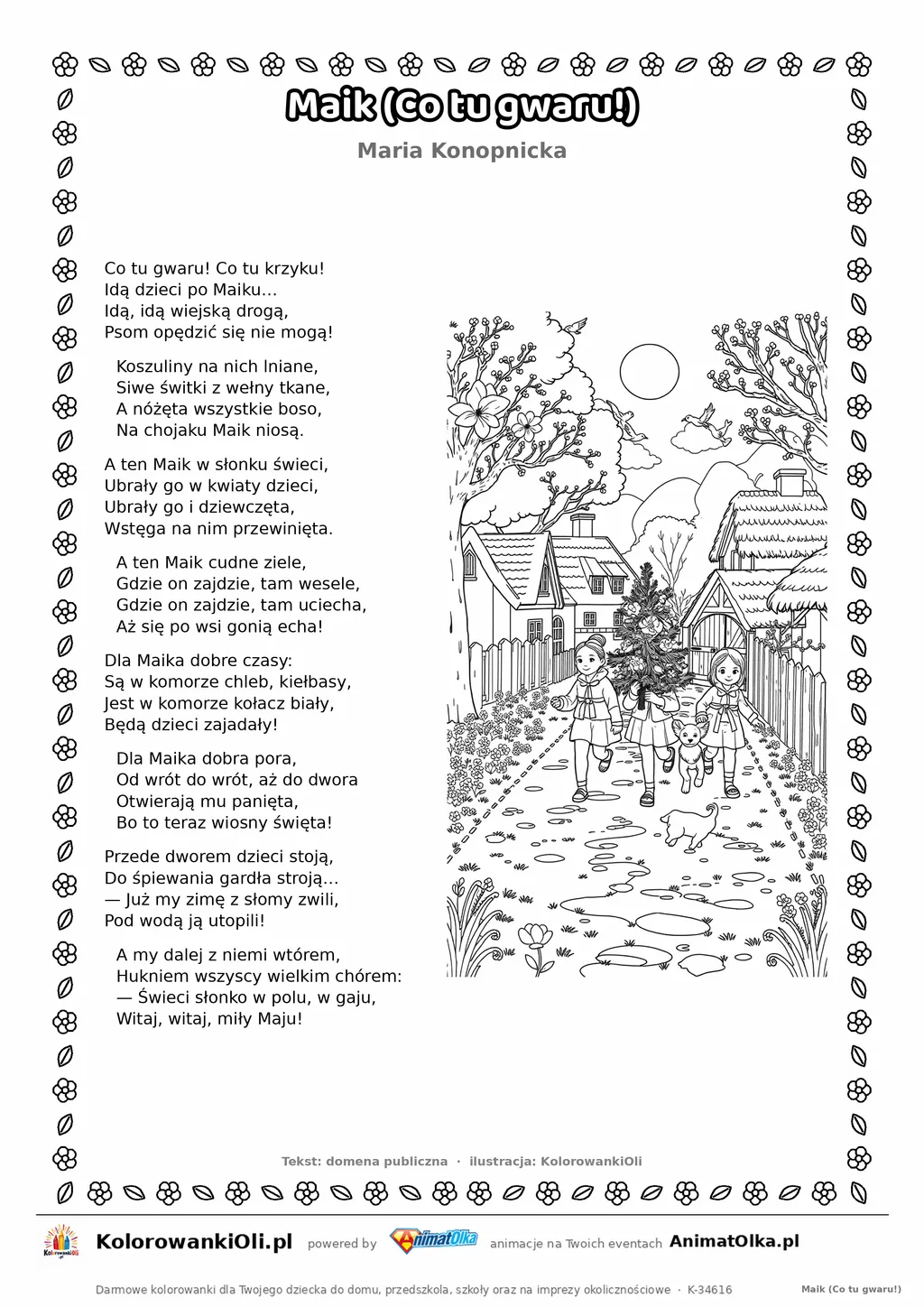 Maik (Co tu gwaru!) (Maria Konopnicka) — tekst wiersza i ilustracja do kolorowania, karta A4 do druku