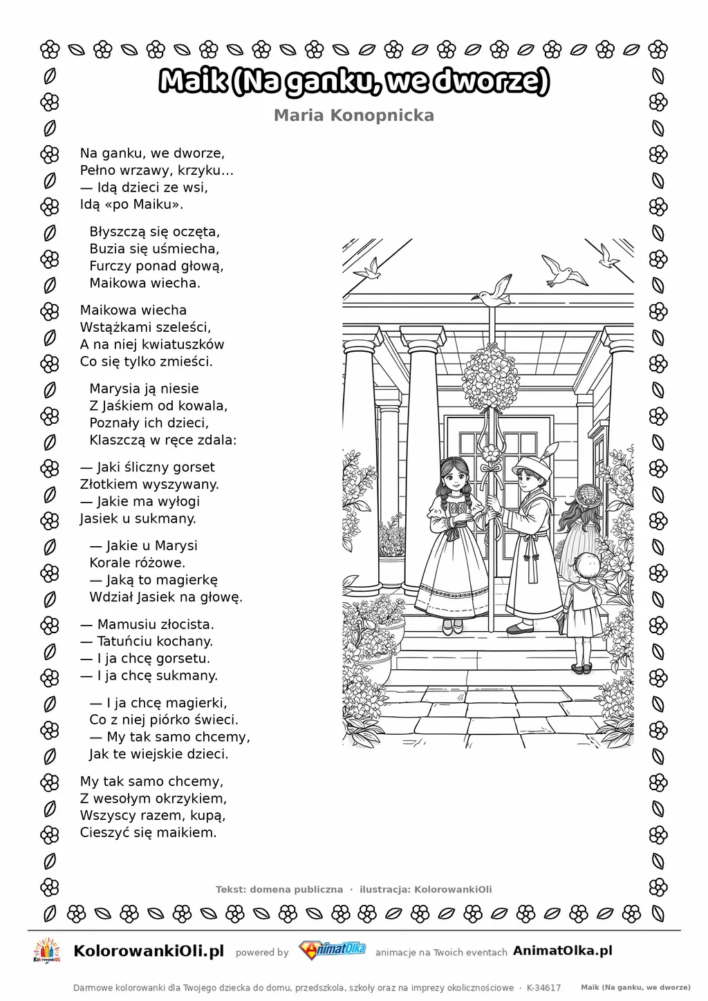 Maik (Na ganku, we dworze) (Maria Konopnicka) — tekst wiersza i ilustracja do kolorowania, karta A4 do druku