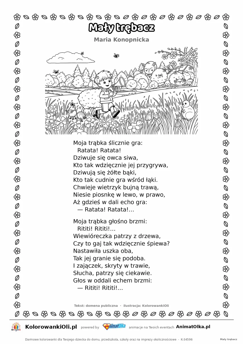 Mały trębacz (Maria Konopnicka) — tekst wiersza i ilustracja do kolorowania, karta A4 do druku
