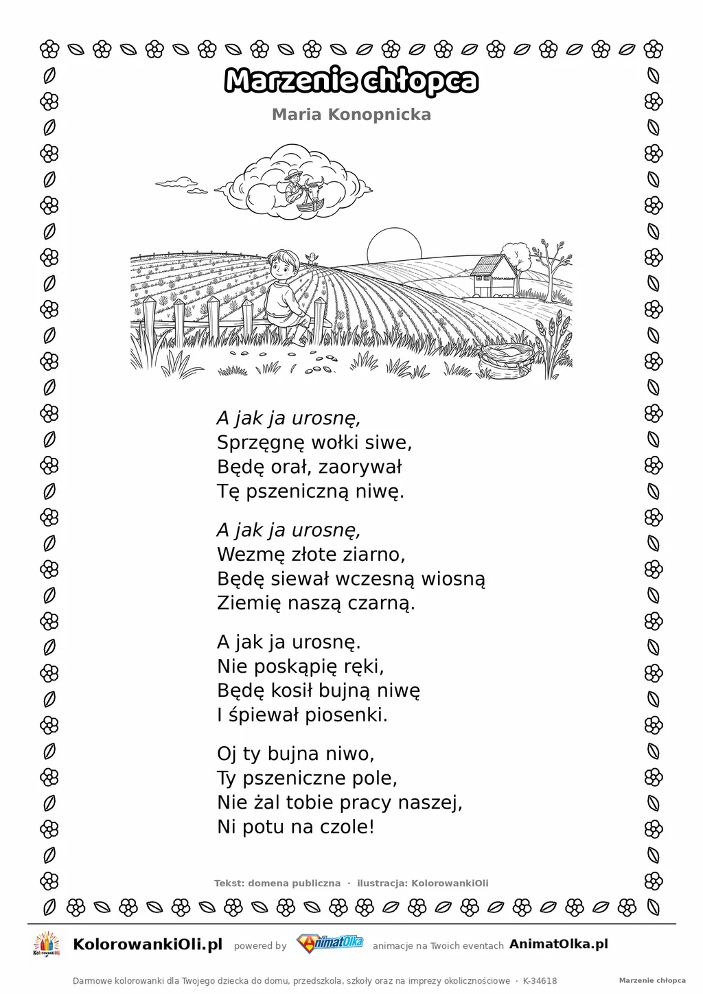 Marzenie chłopca (Maria Konopnicka) — tekst wiersza i ilustracja do kolorowania, karta A4 do druku