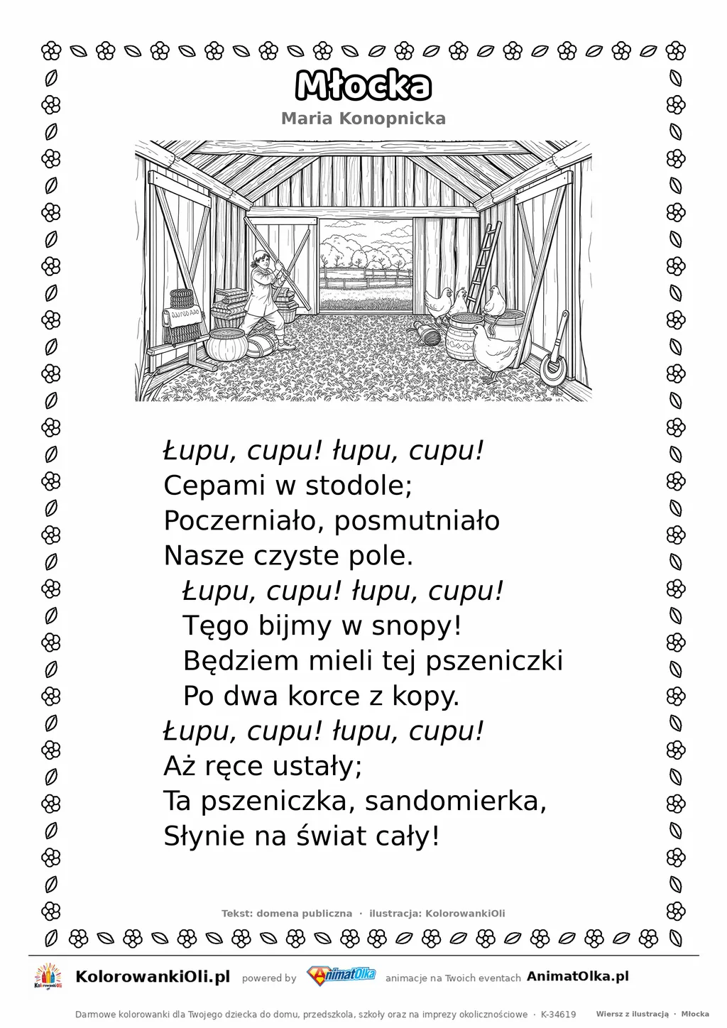 Młocka (Maria Konopnicka) — tekst wiersza i ilustracja do kolorowania, karta A4 do druku