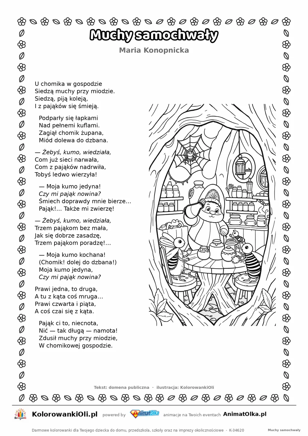 Muchy samochwały (Maria Konopnicka) — tekst wiersza i ilustracja do kolorowania, karta A4 do druku