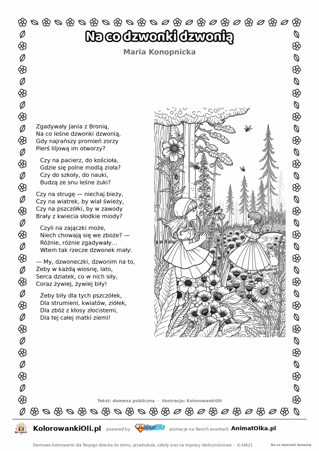Na co dzwonki dzwonią (Maria Konopnicka) — tekst wiersza i ilustracja do kolorowania, karta A4 do druku