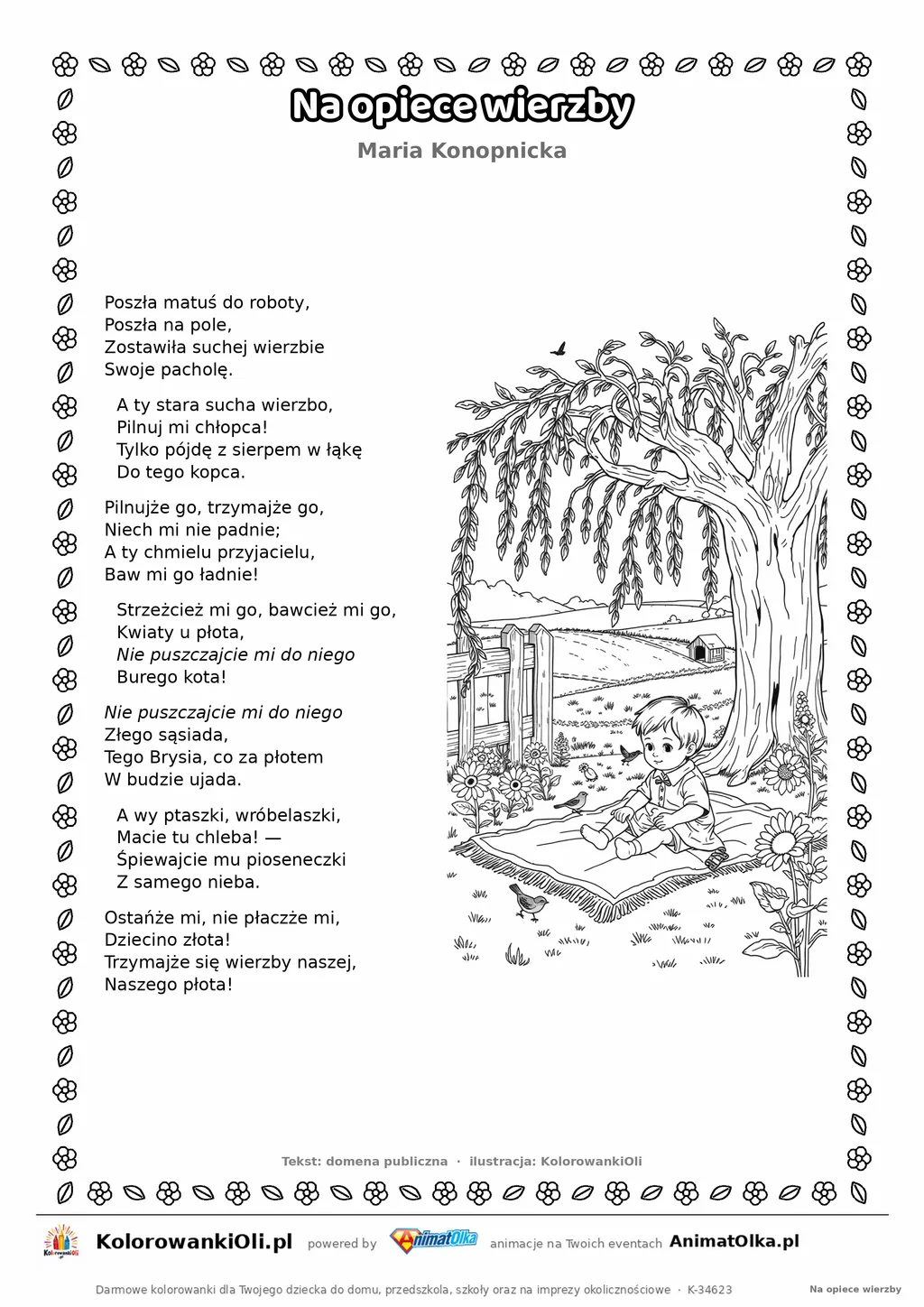 Na opiece wierzby (Maria Konopnicka) — tekst wiersza i ilustracja do kolorowania, karta A4 do druku