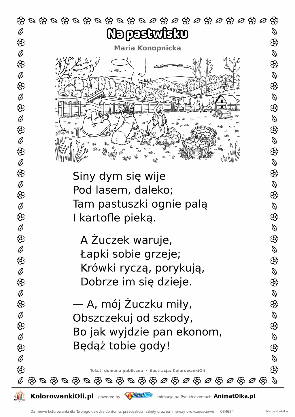 Na pastwisku (Maria Konopnicka) — tekst wiersza i ilustracja do kolorowania, karta A4 do druku