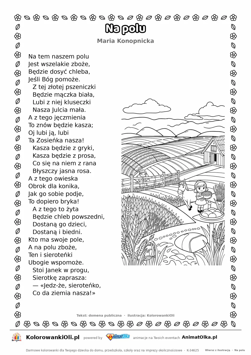 Na polu (Maria Konopnicka) — tekst wiersza i ilustracja do kolorowania, karta A4 do druku