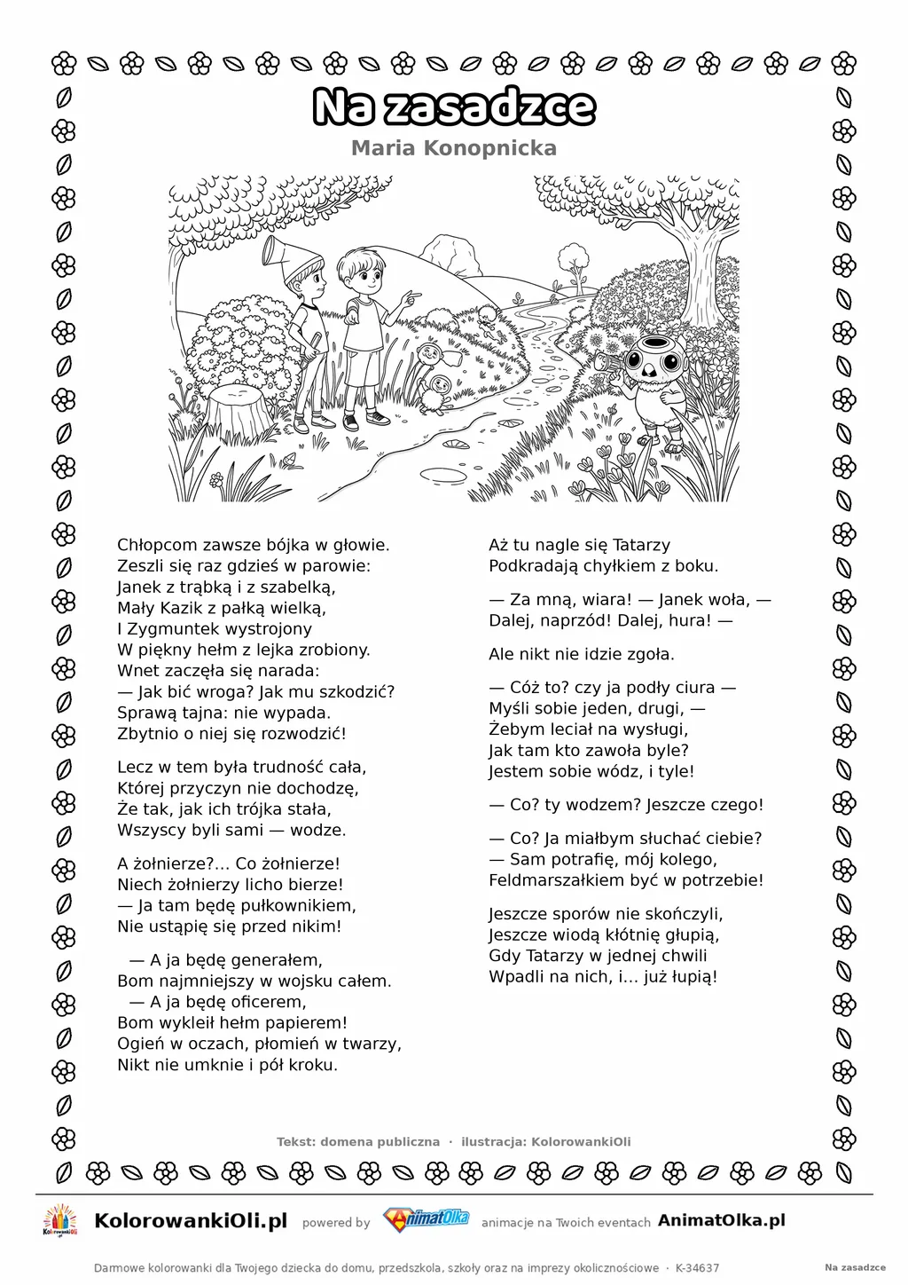 Na zasadzce (Maria Konopnicka) — tekst wiersza i ilustracja do kolorowania, karta A4 do druku
