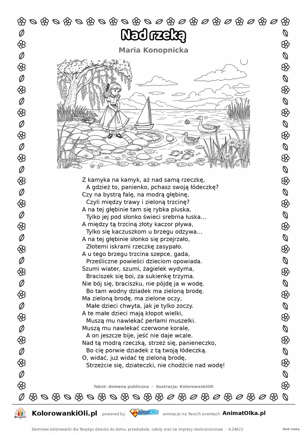 Nad rzeką (Maria Konopnicka) — tekst wiersza i ilustracja do kolorowania, karta A4 do druku