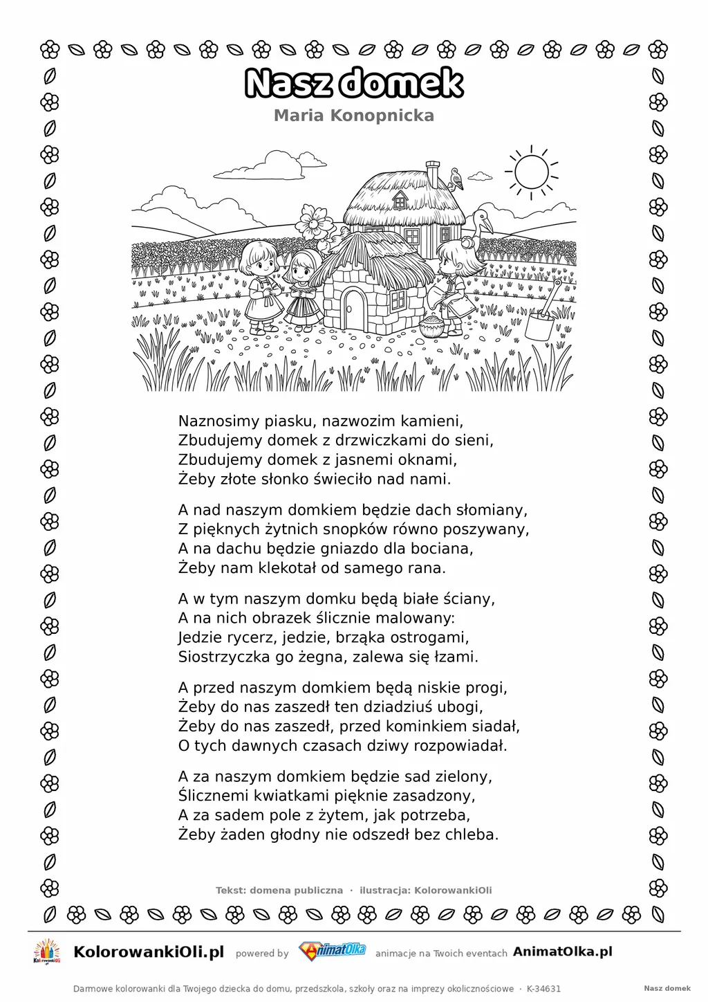 Nasz domek (Maria Konopnicka) — tekst wiersza i ilustracja do kolorowania, karta A4 do druku