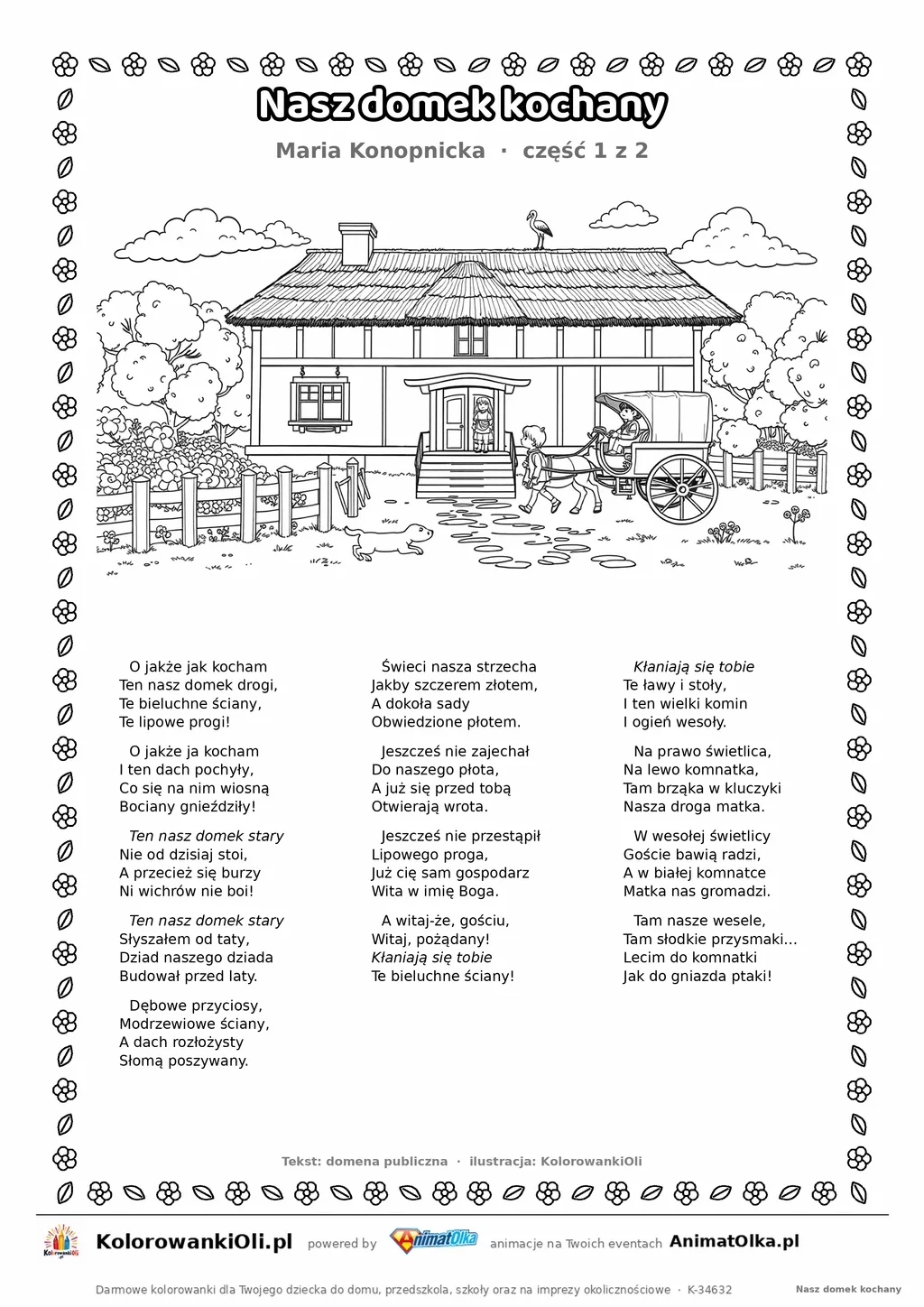 Nasz domek kochany (Maria Konopnicka) — tekst wiersza i ilustracja do kolorowania (część 1 z 2), karta A4 do druku