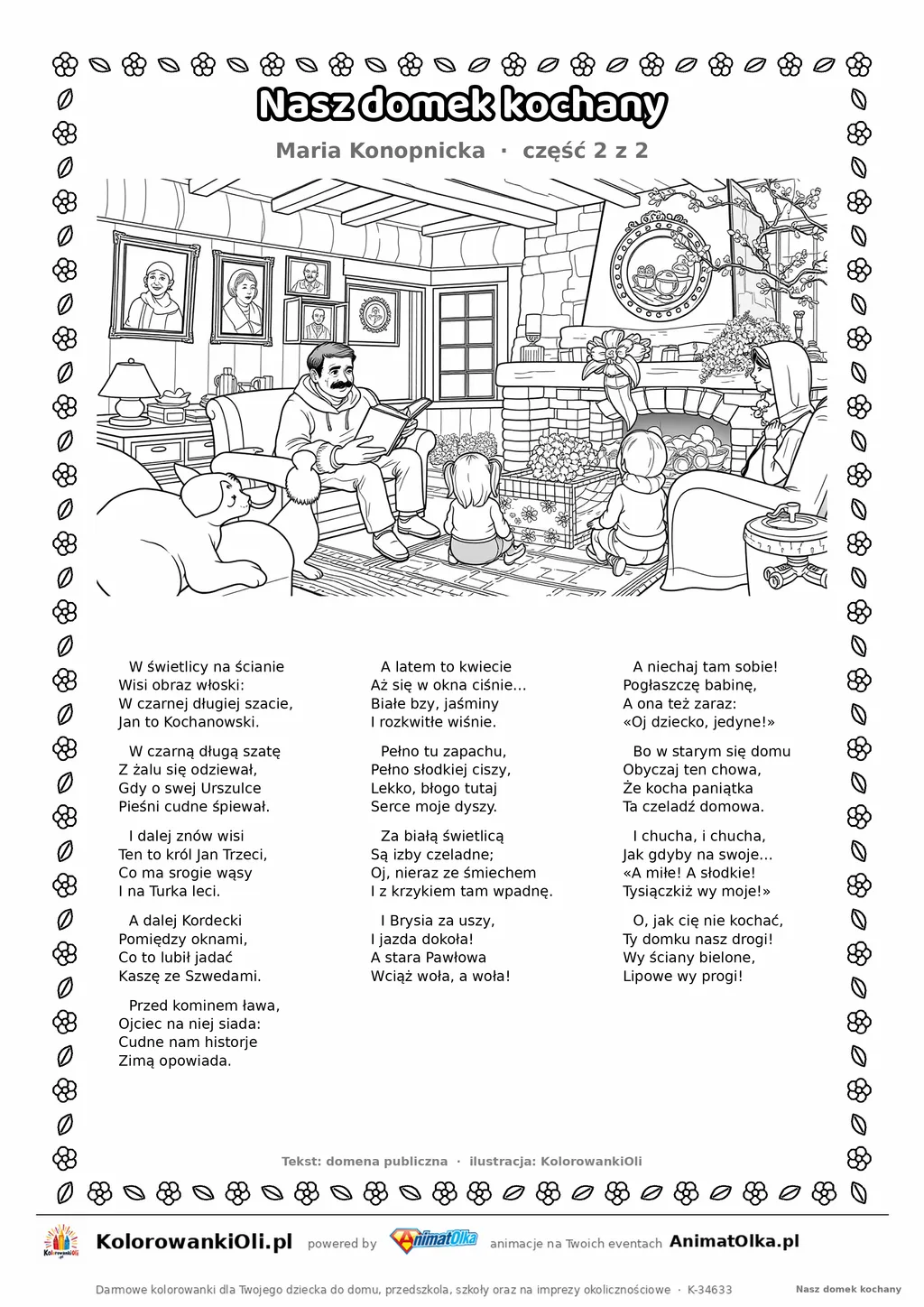 Nasz domek kochany (Maria Konopnicka) — tekst wiersza i ilustracja do kolorowania (część 2 z 2), karta A4 do druku