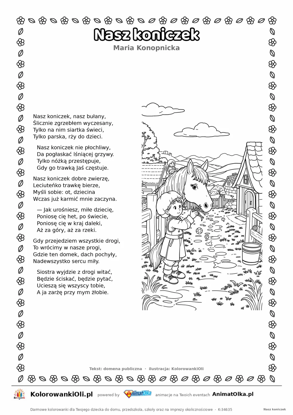 Nasz koniczek (Maria Konopnicka) — tekst wiersza i ilustracja do kolorowania, karta A4 do druku