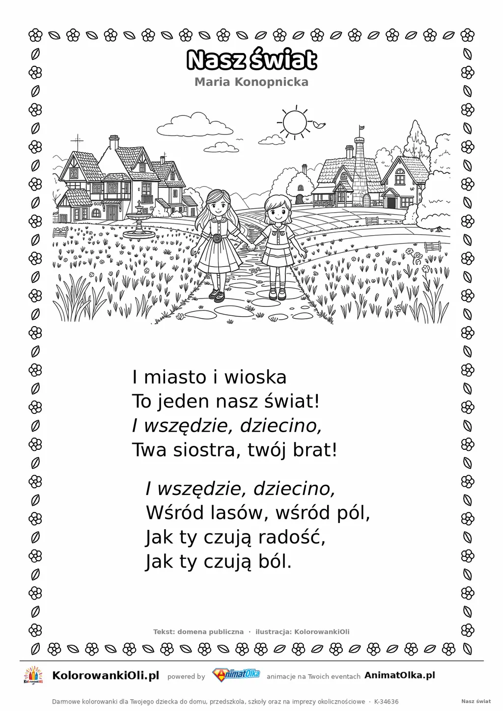 Nasz świat (Maria Konopnicka) — tekst wiersza i ilustracja do kolorowania, karta A4 do druku