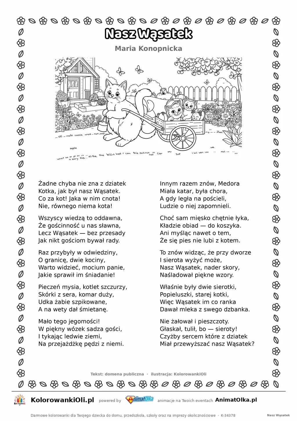 Nasz Wąsatek (Maria Konopnicka) — tekst wiersza i ilustracja do kolorowania, karta A4 do druku