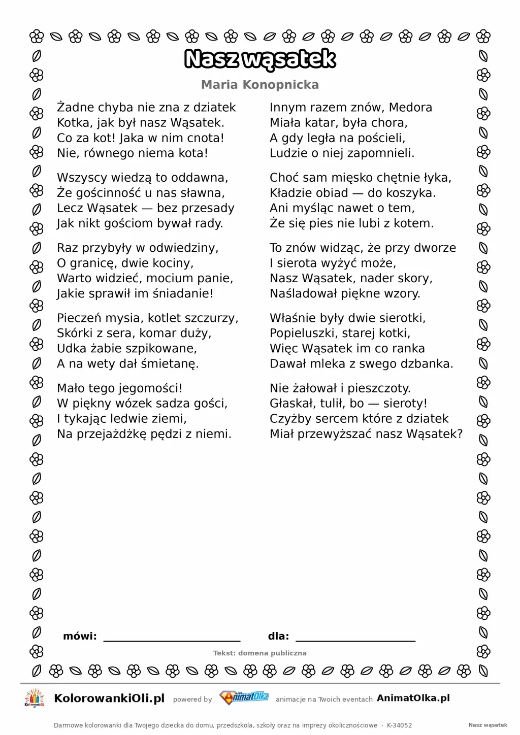 Nasz wąsatek (Maria Konopnicka) — tekst wiersza do druku A4 z ramką do pokolorowania
