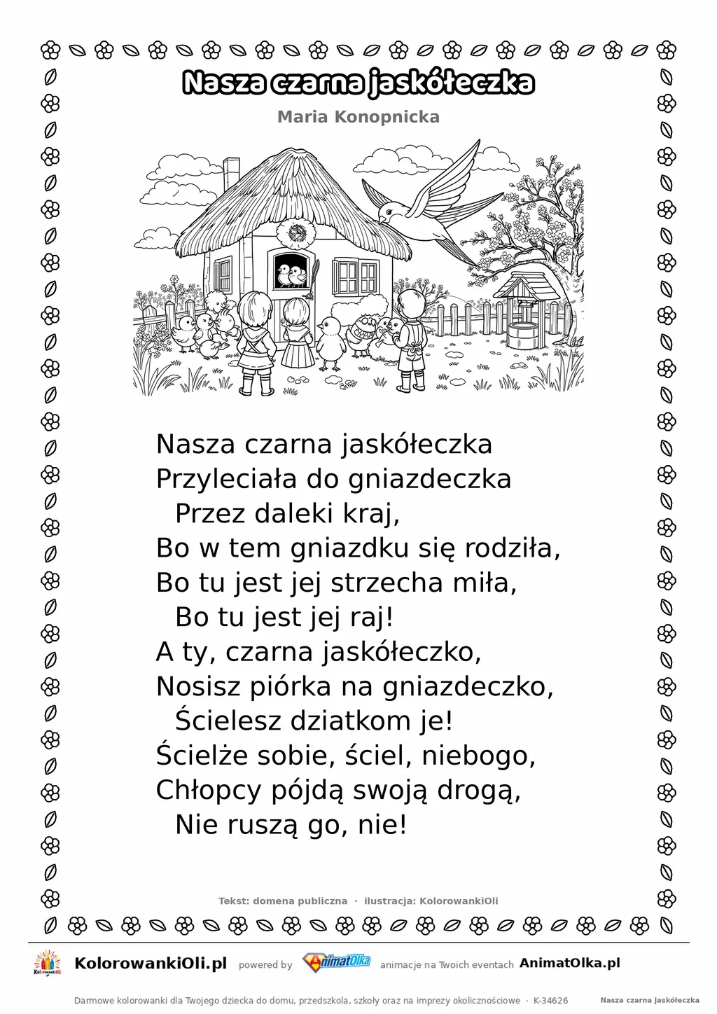 Nasza czarna jaskółeczka (Maria Konopnicka) — tekst wiersza i ilustracja do kolorowania, karta A4 do druku