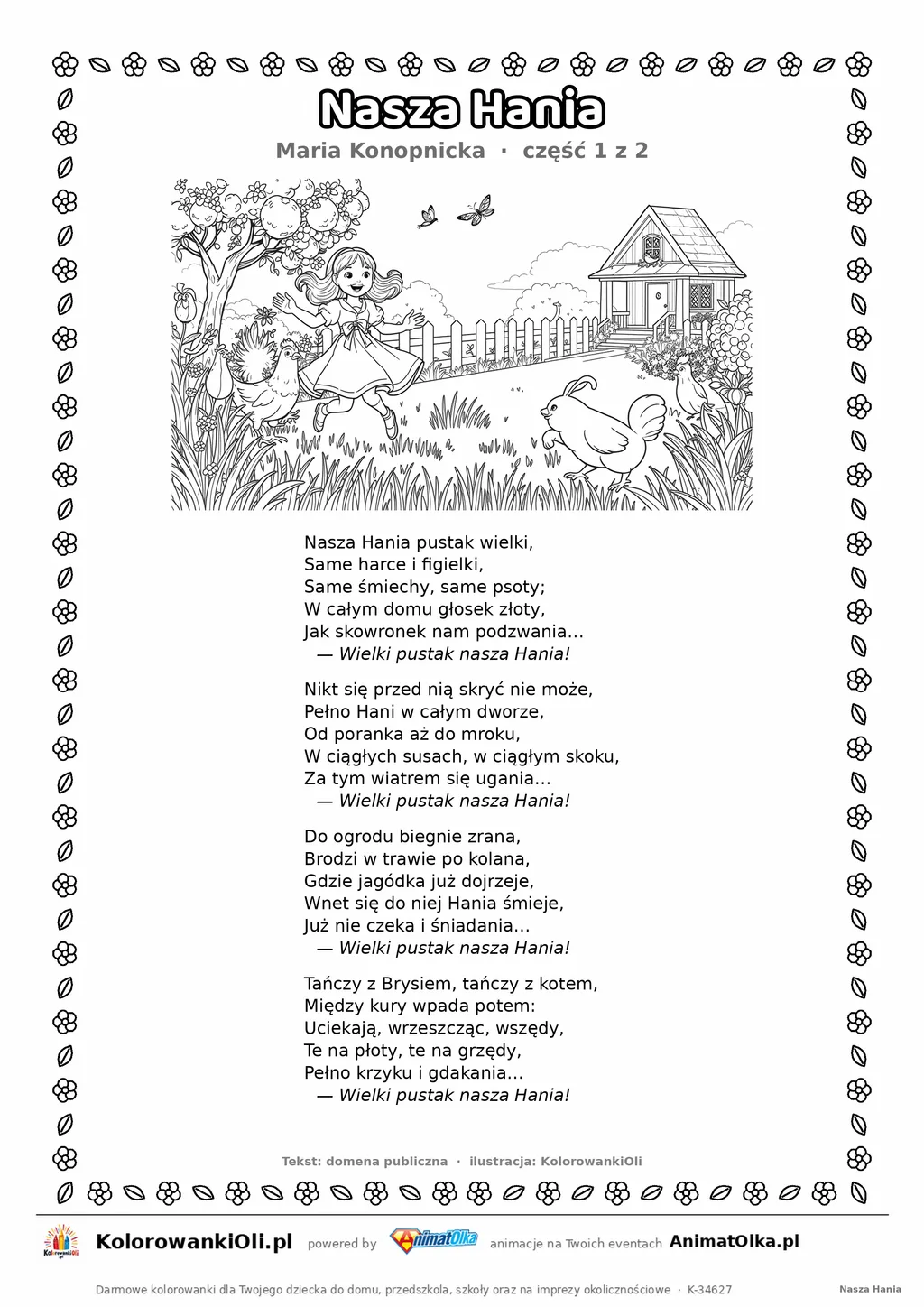 Nasza Hania (Maria Konopnicka) — tekst wiersza i ilustracja do kolorowania (część 1 z 2), karta A4 do druku