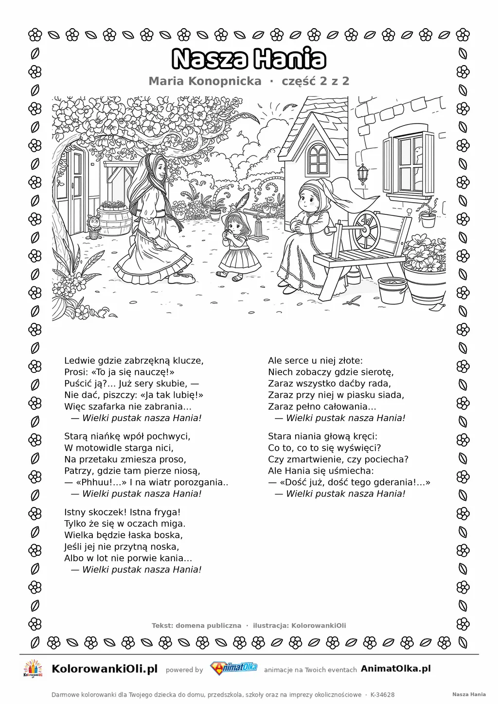 Nasza Hania (Maria Konopnicka) — tekst wiersza i ilustracja do kolorowania (część 2 z 2), karta A4 do druku