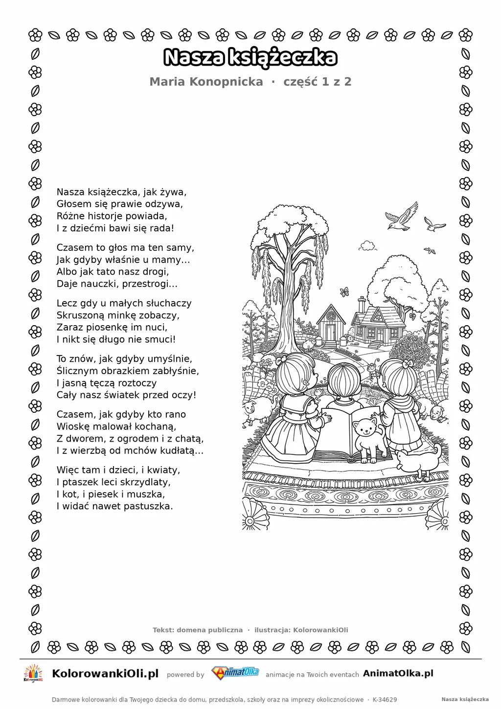 Nasza książeczka (Maria Konopnicka) — tekst wiersza i ilustracja do kolorowania (część 1 z 2), karta A4 do druku
