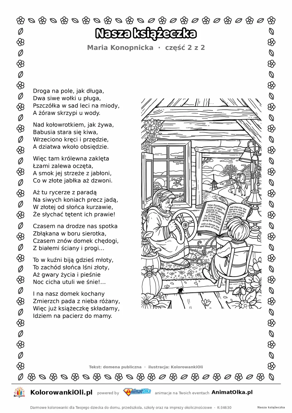 Nasza książeczka (Maria Konopnicka) — tekst wiersza i ilustracja do kolorowania (część 2 z 2), karta A4 do druku