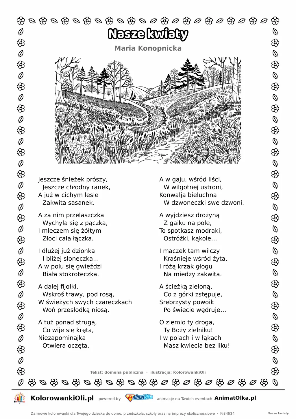 Nasze kwiaty (Maria Konopnicka) — tekst wiersza i ilustracja do kolorowania, karta A4 do druku