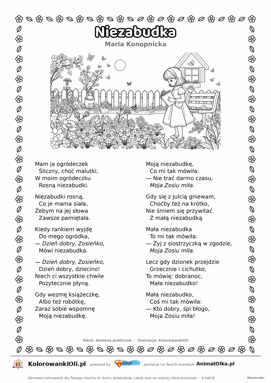 Niezabudka (Maria Konopnicka) — tekst wiersza i ilustracja do kolorowania, karta A4 do druku